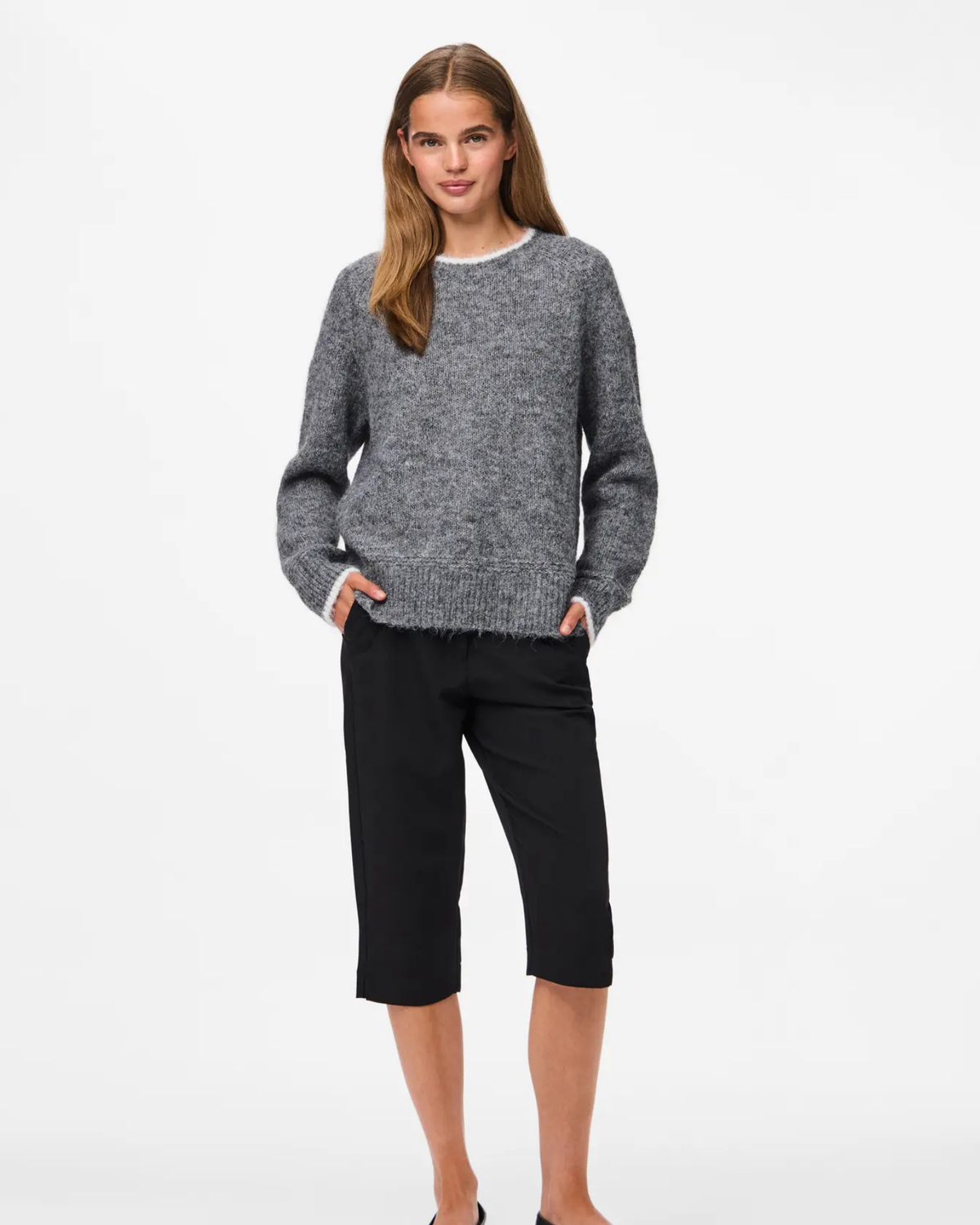 PIECES Medium Grey Melange WHITE CONTRAST Striktrøje - 17158933