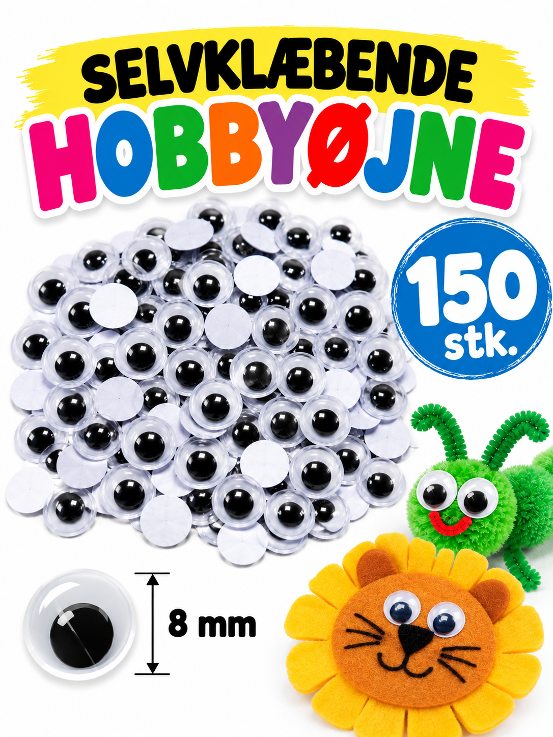 Selvklæbende hobbyøjne – 150 stk 8 mm