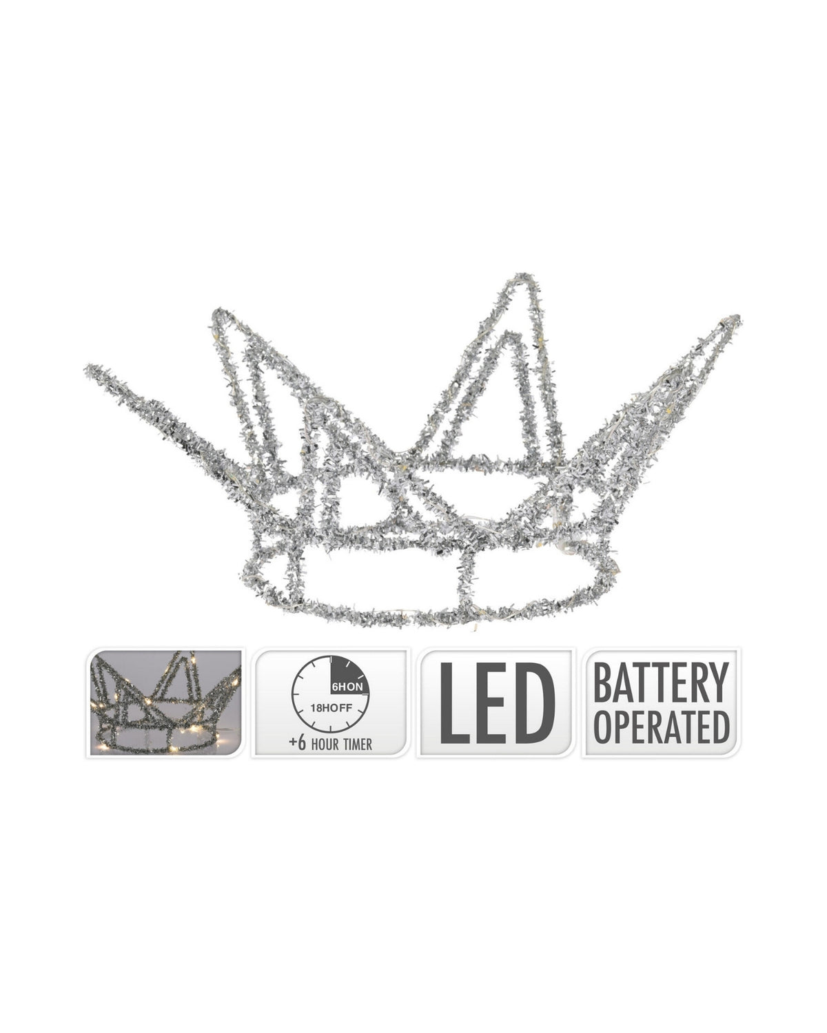 Krone i sølv 12cm med 20 LED lys