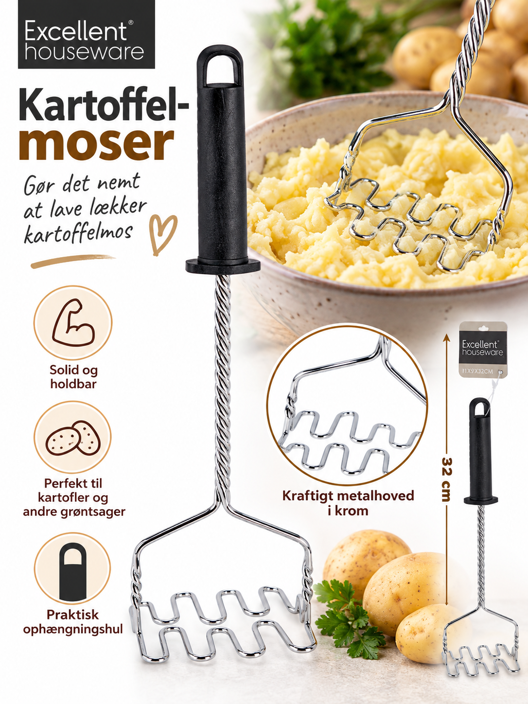 Kartoffelmoser i krom med sort håndtag – 32 cm