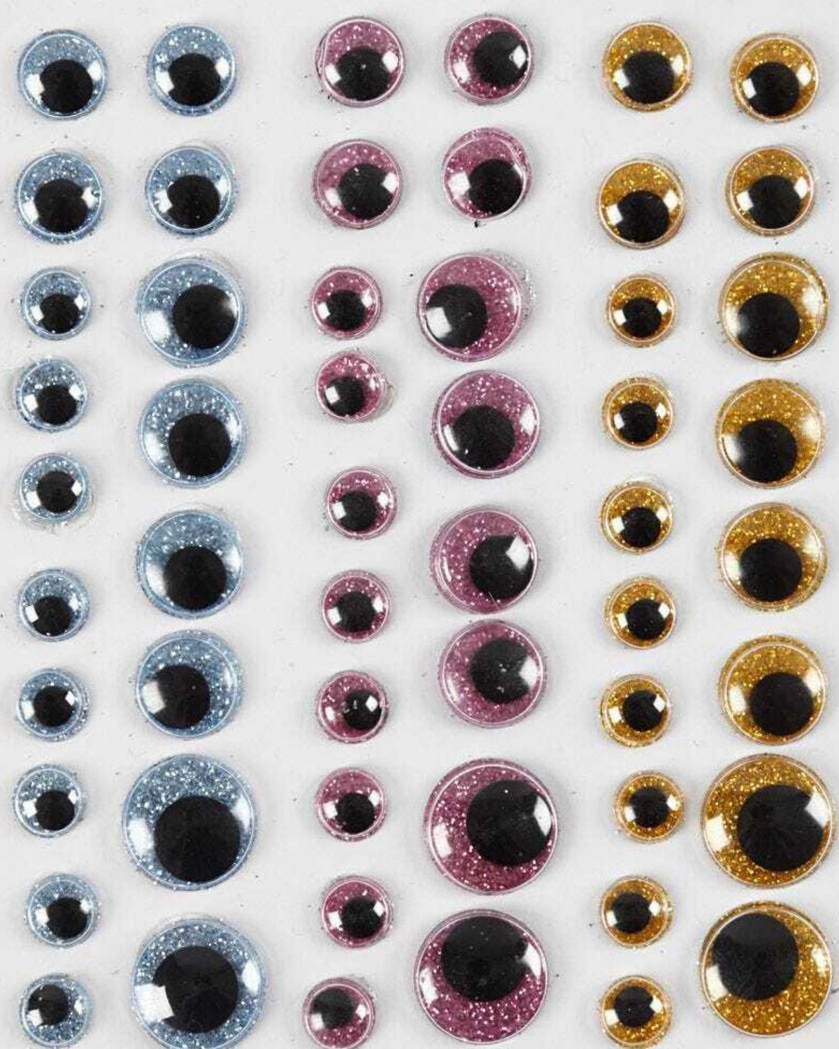Roll eyes, diam. 8+10+12+15 mm, light blue, gold, light red, 54 pcs./ 1 sheet