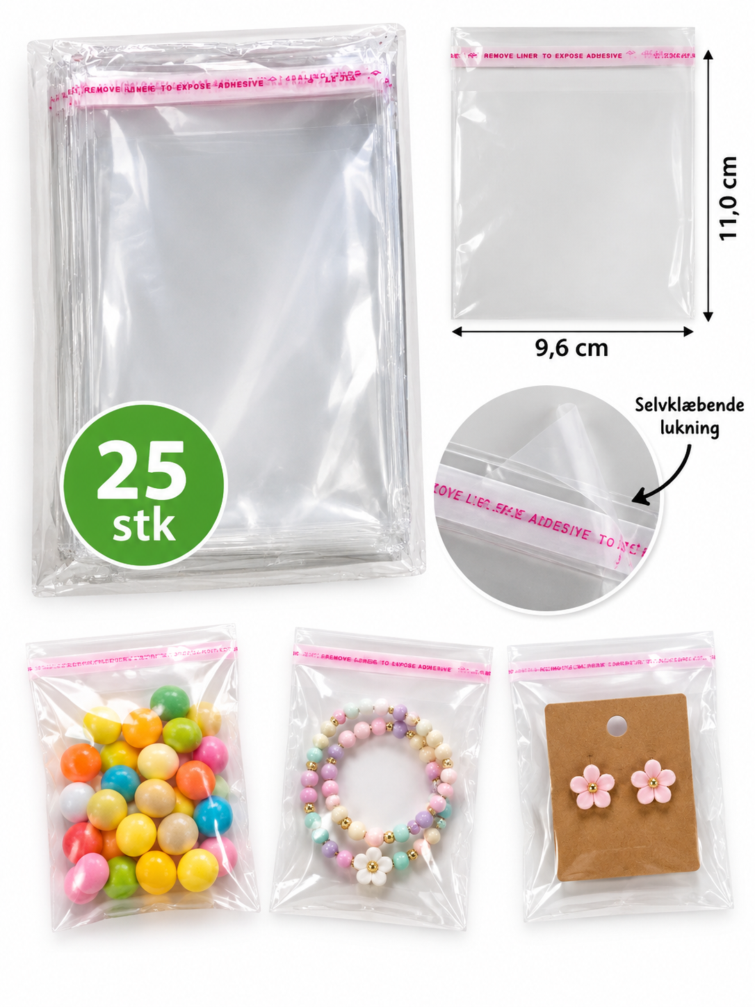 Cellofanposer med selvklæbende lukning B:9,6 x H:11,0 cm – 25 stk.