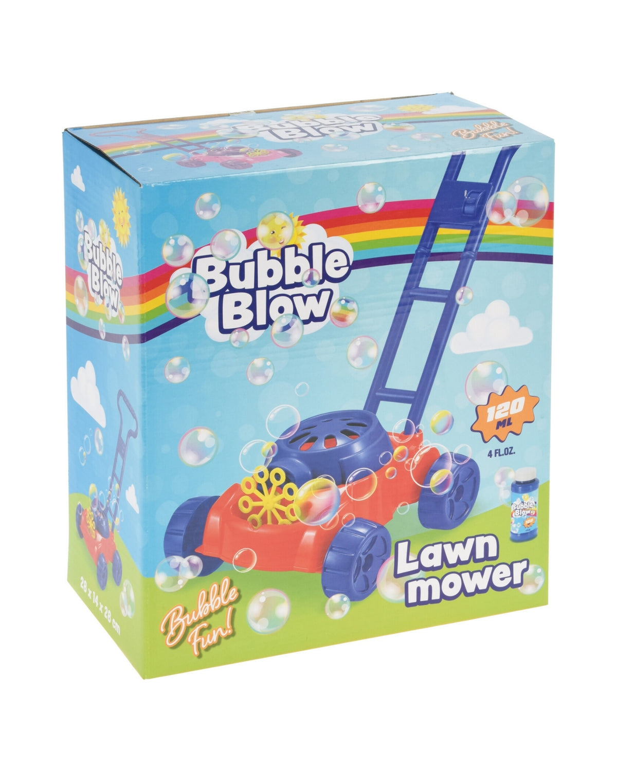 Lawnmower that blows soap bubbles