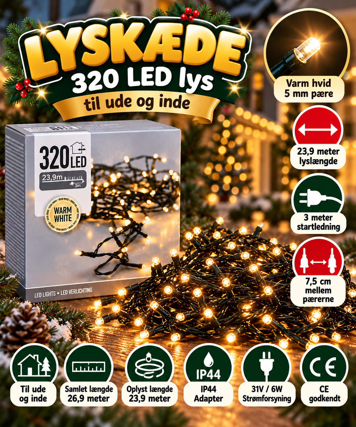Lyskæde 320 LED lys udendørs / indendørs - Varm hvid