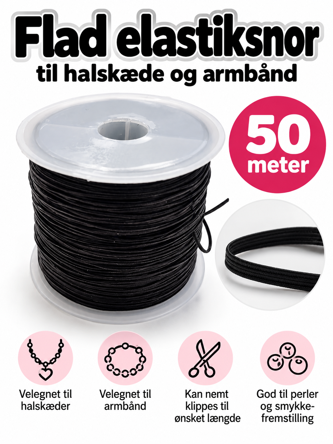 Flad elastiksnor – Sort – 50 meter - 0,6 mm