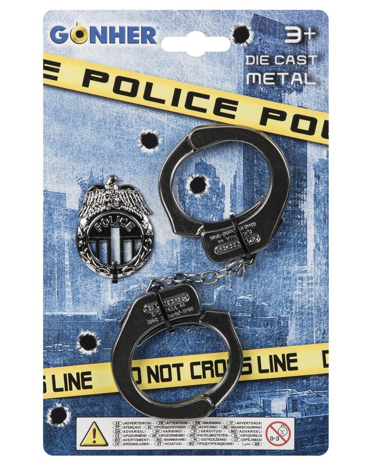 Metal handcuffs and police badge