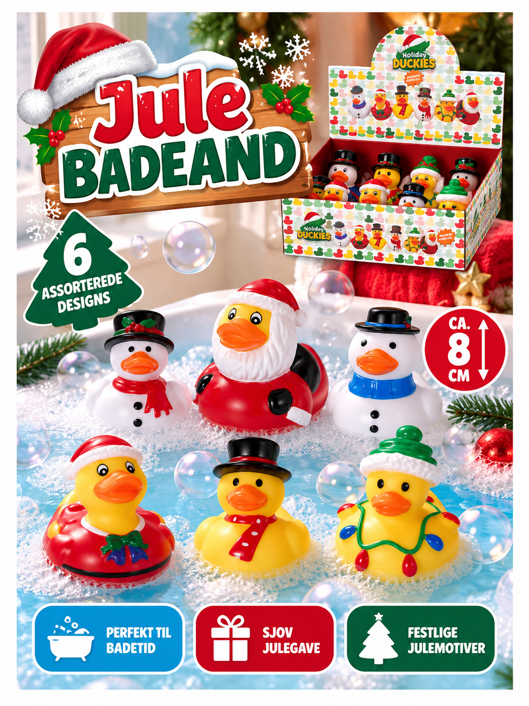 Julebadeand – 8 cm, 6 assorterede designs