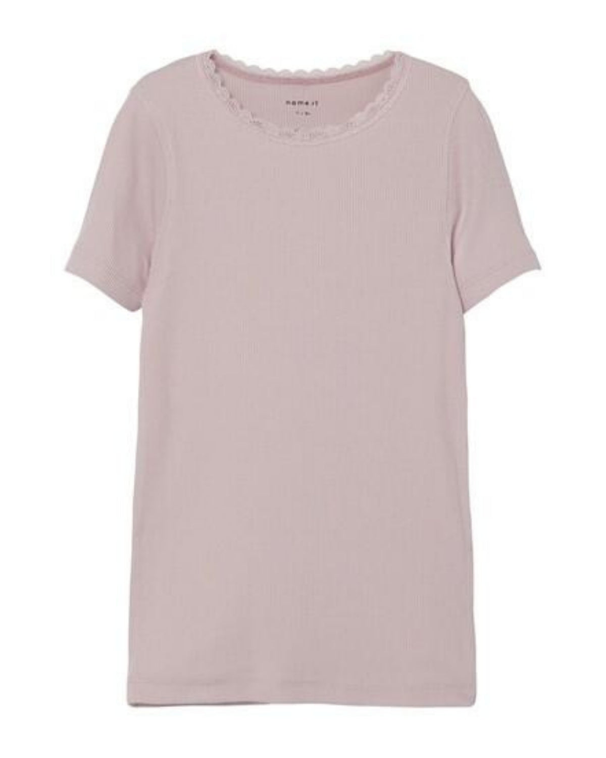 Lyserød violet ice name it kortærmet rib t-shirt med blondekant - 13200573