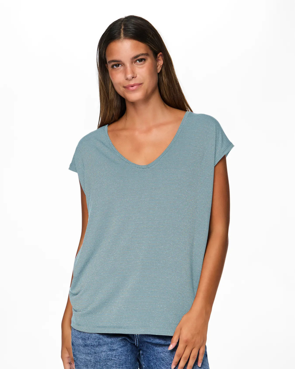 Aqua - Cloud blue -  Pieces - Bluse med guld striber - 17078572