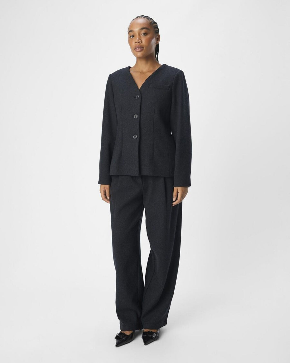 Grey - dark gray melange - Object - trousers - wool - 23045257