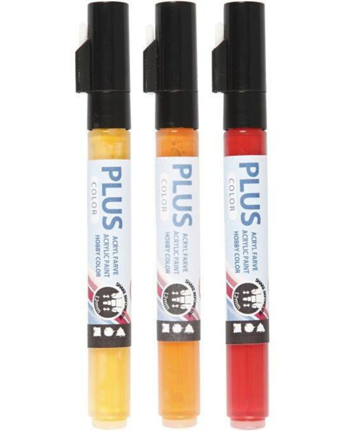 Plus Color tusch, L: 14,5 cm, streg 1-2 mm, crimson red, pumpkin, yellow sun, 3 stk./ 1 pk.