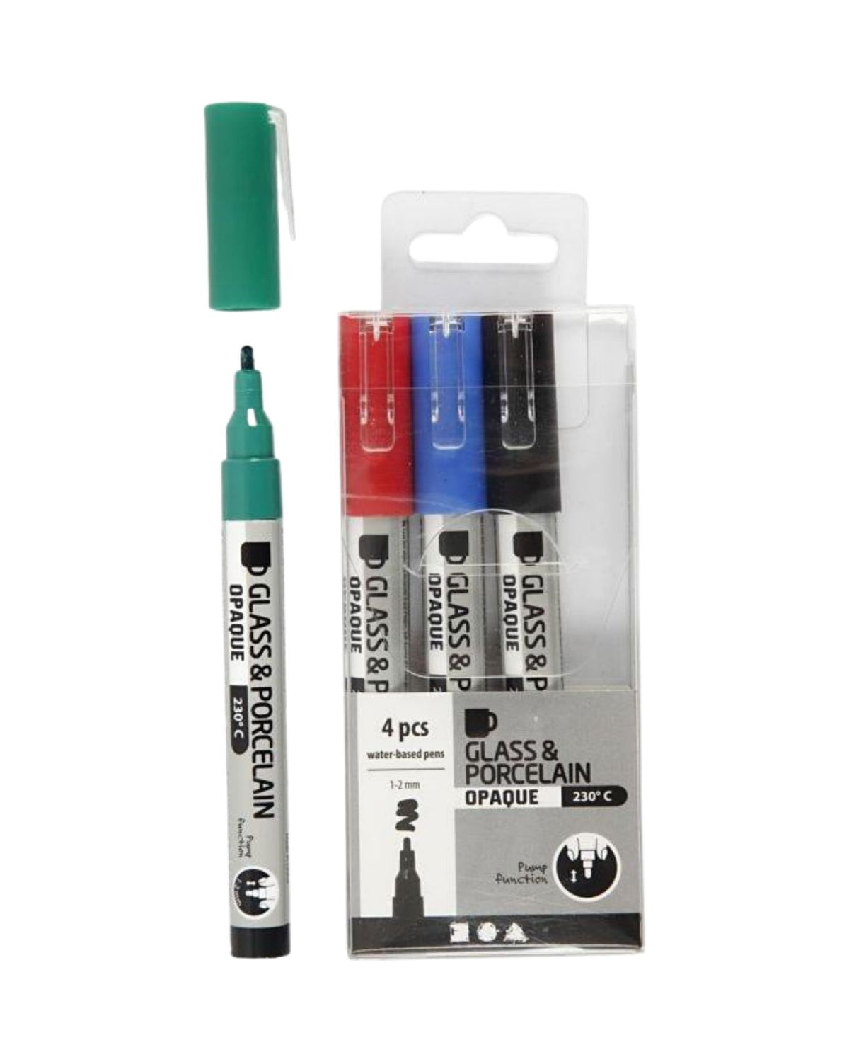Glass and porcelain marker, line 1-2 mm, semi-opaque, black, blue, green, red, 4 pcs./ 1 pk