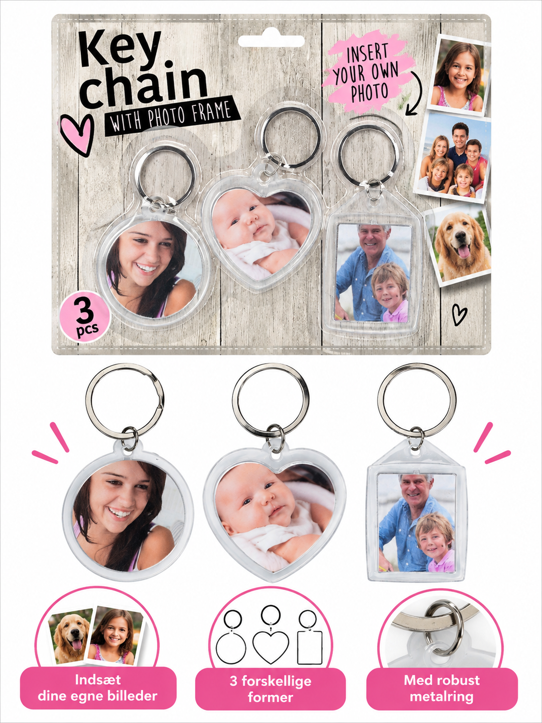 Nøgleringe med Fotoramme – 3 stk.
