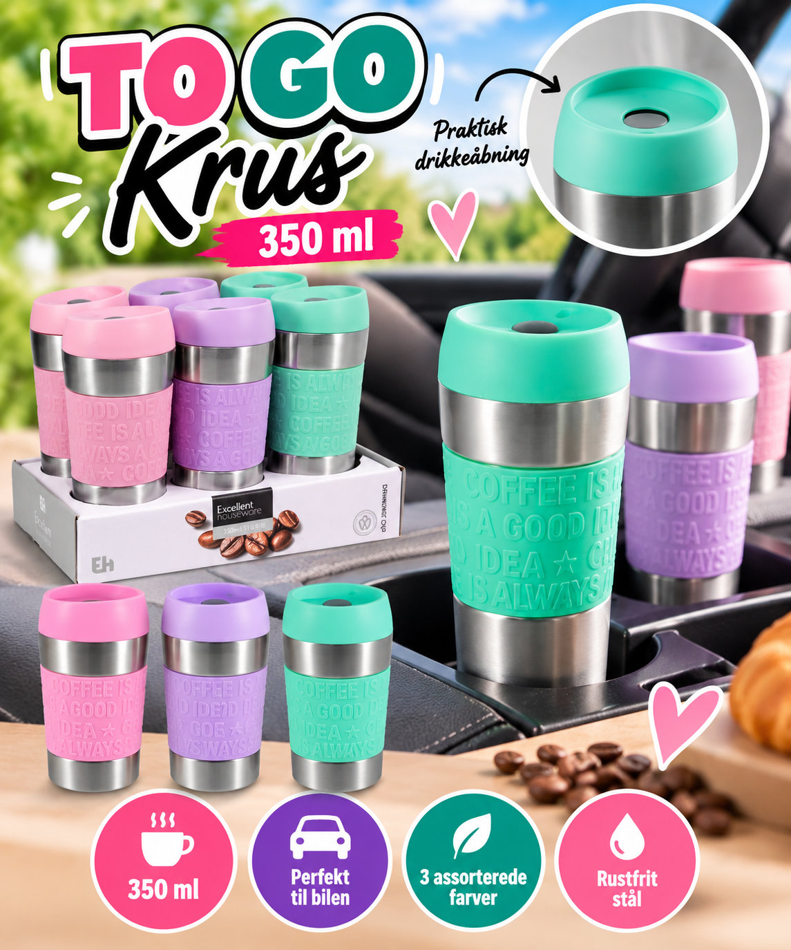 To Go Krus 350 ml – Praktisk termokrus i 3 flotte farver