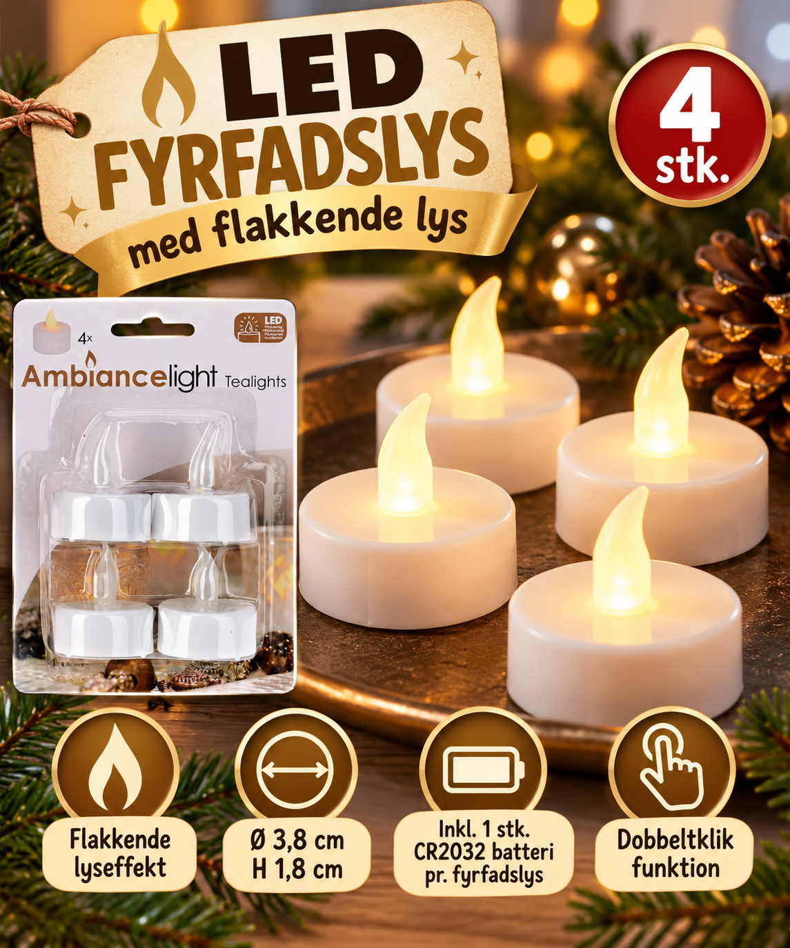 LED Fyrfadslys – 4 stk. med Flakkende Lys