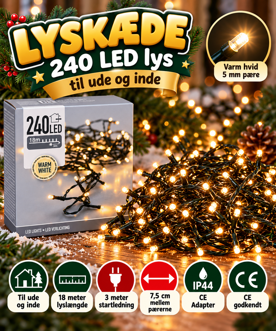 Lyskæde 240 LED lys udendørs / indendørs - Varm hvid