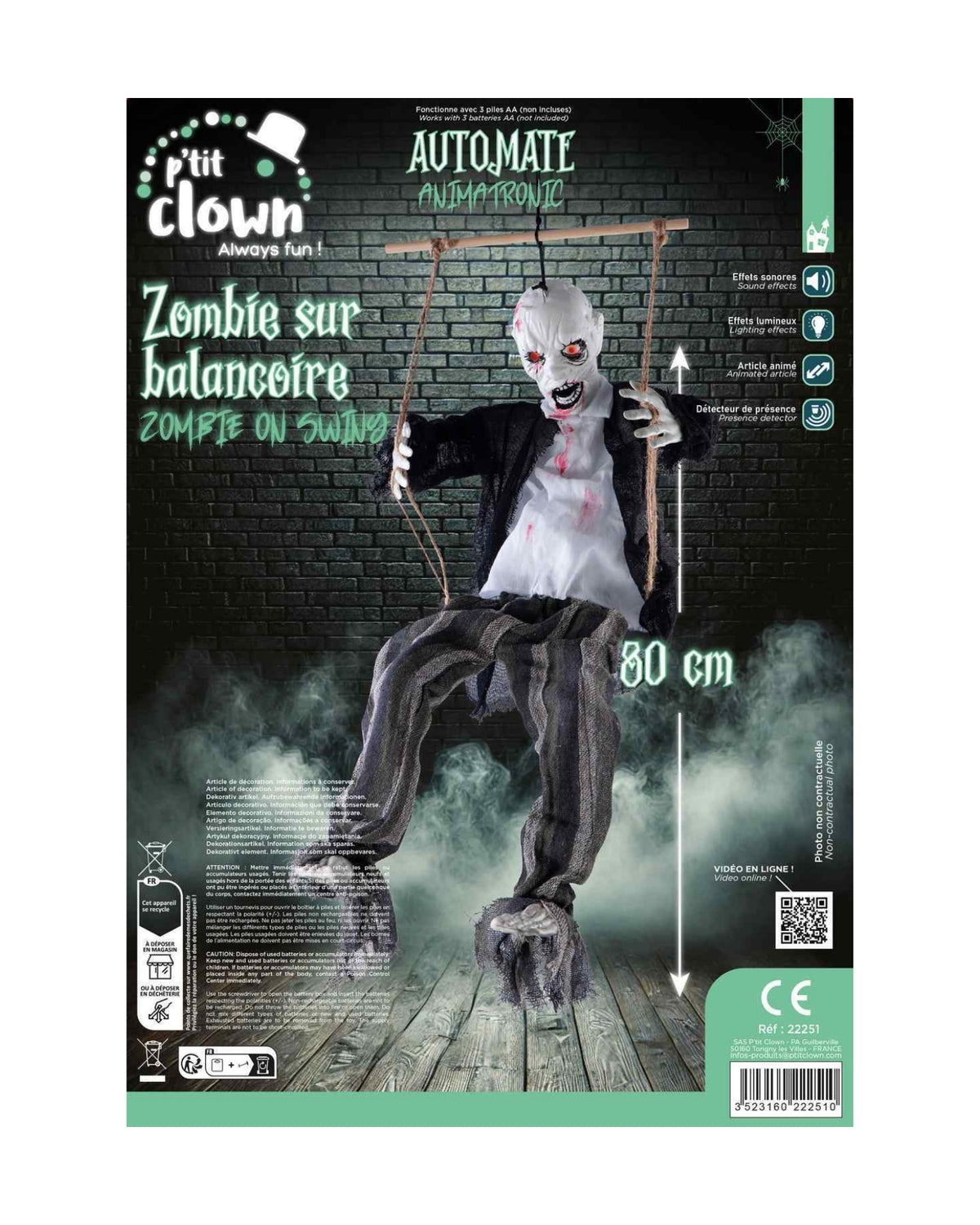 Zombie på gynge - Animeret med lyd og lys - 80 cm