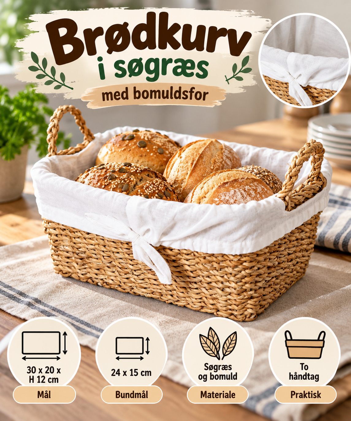 Brødkurv i søgræs med bomuldsfor