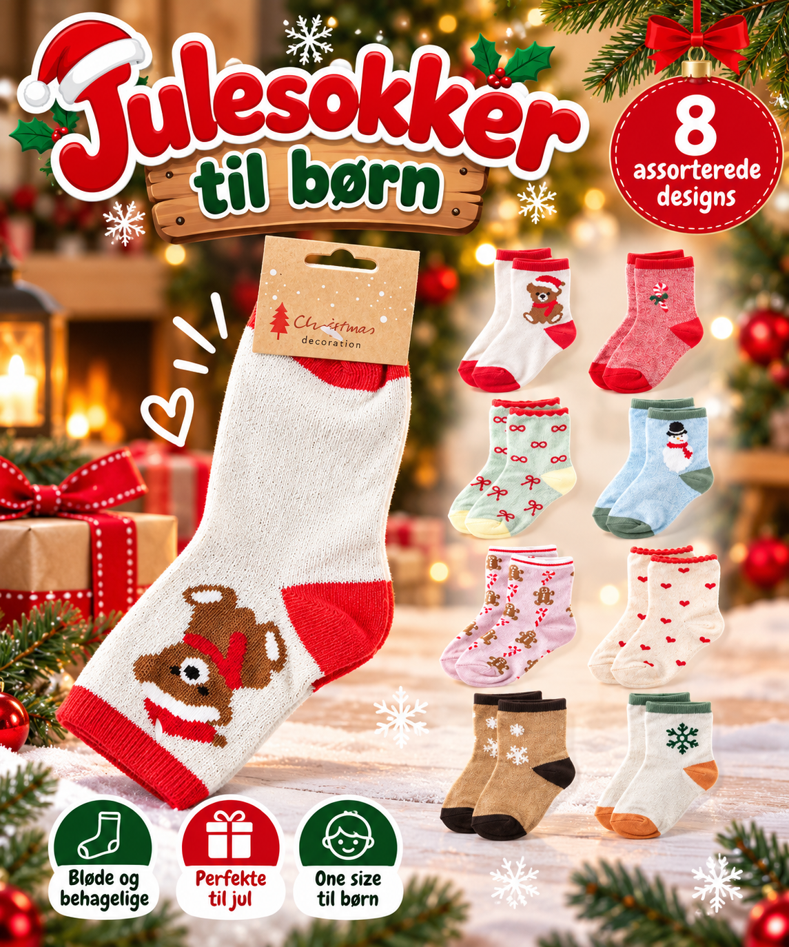 Julesokker til børn – 8 assorterede designs