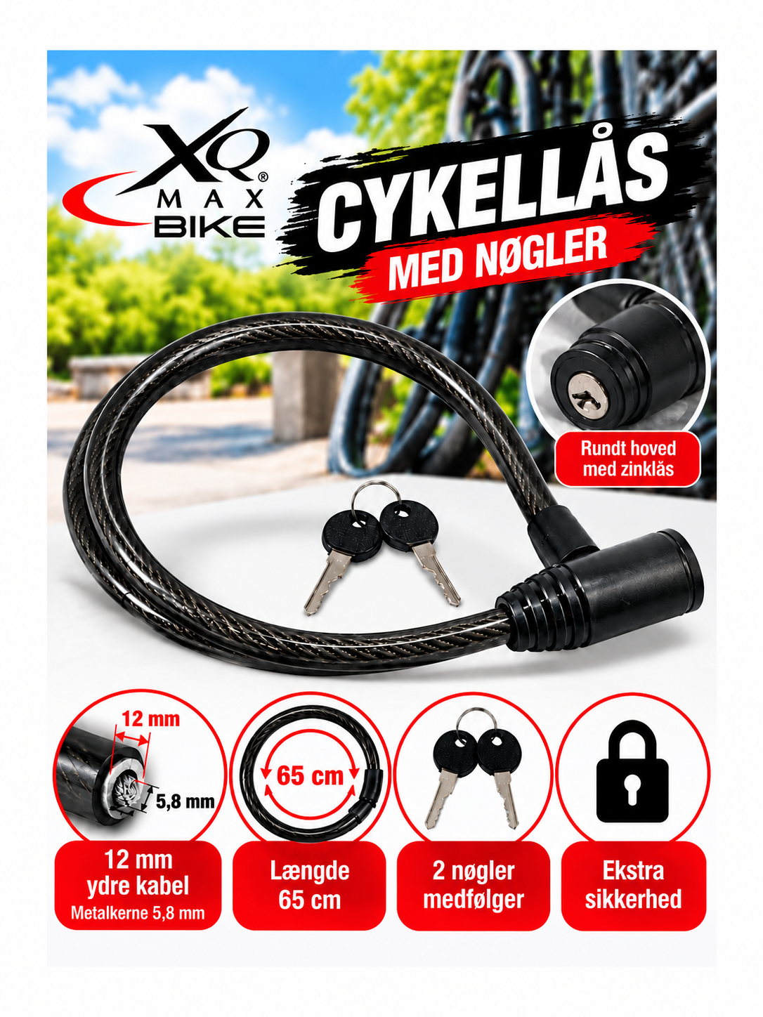 XQMax Cykellås med Nøgler – 65 cm