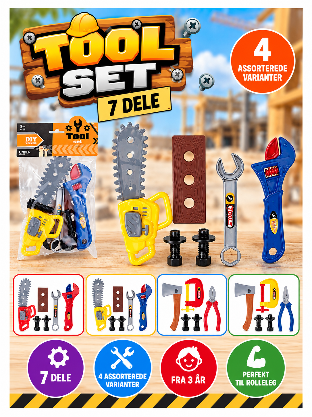 Værktøjssæt til børn – 7 dele, 4 assorterede varianter