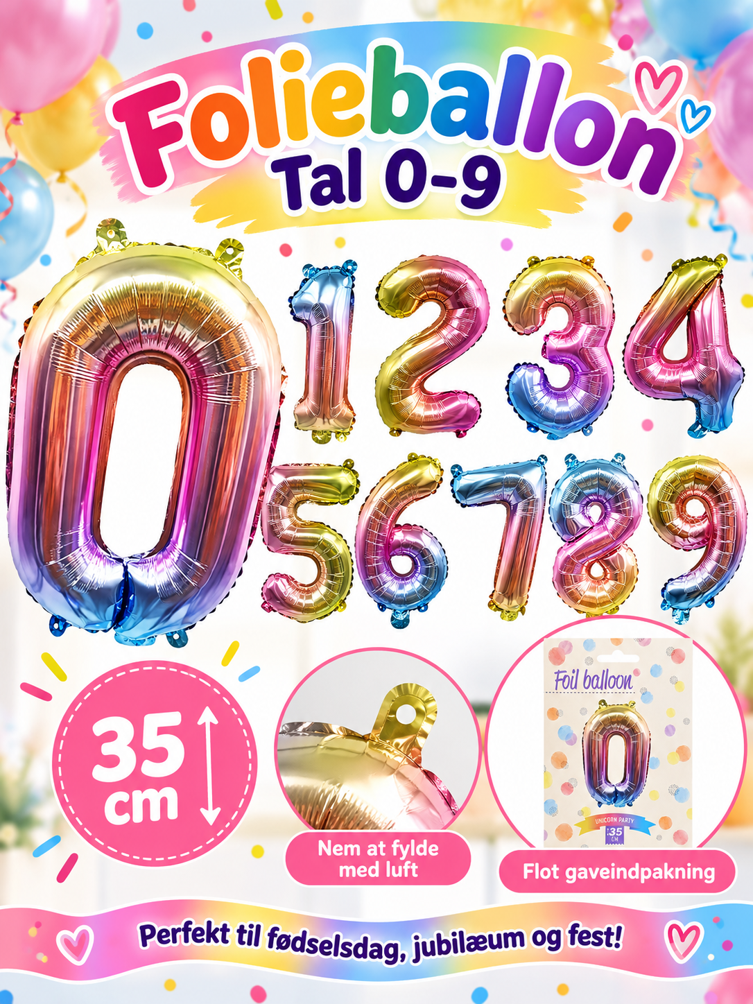 Ballonfolie 35 cm – Tal 0-9 – Multifarvet