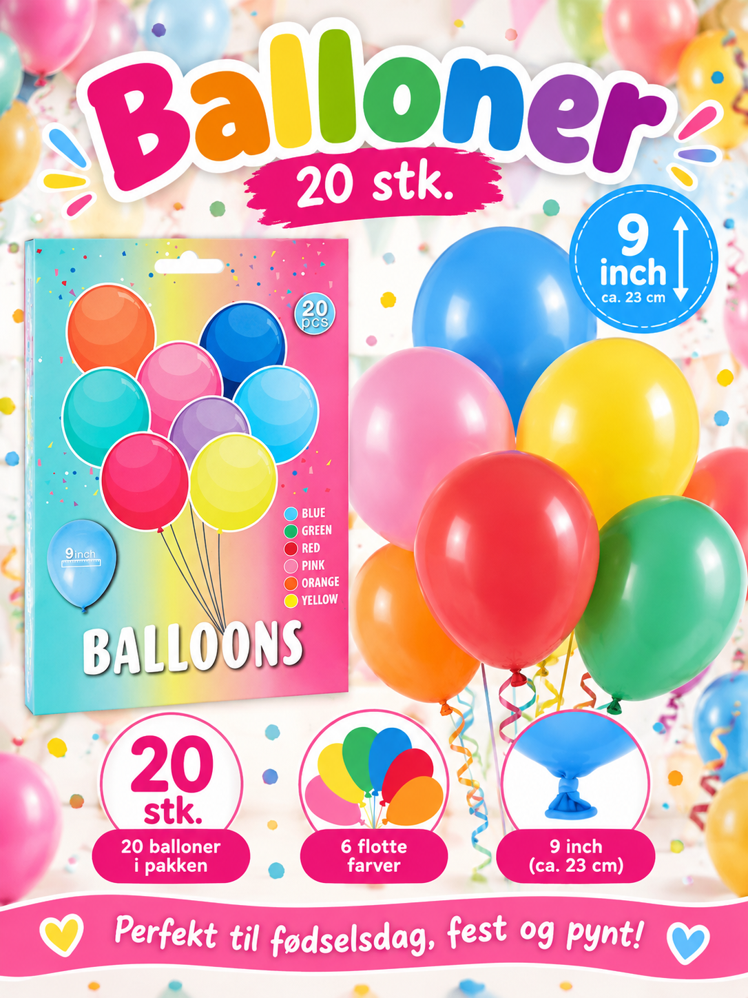 Balloner 9 inch / 23 cm – 20 stk. – Assorterede farver