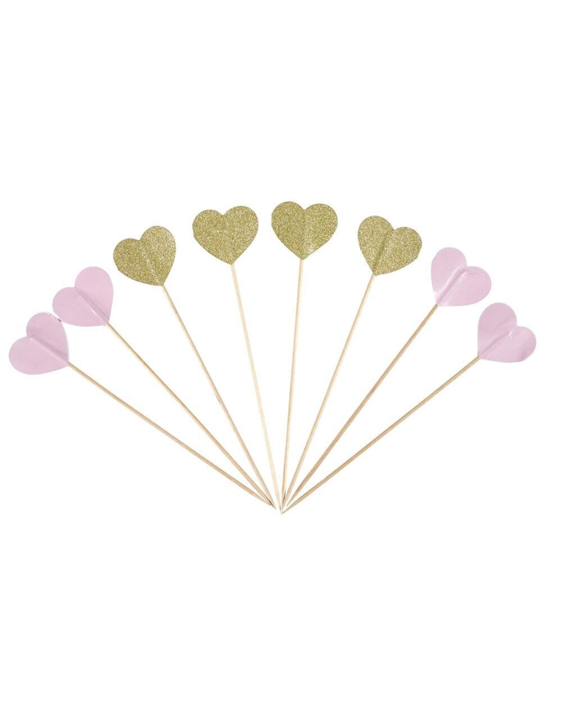 Party pinde hjerter rosa og guld 8 stk