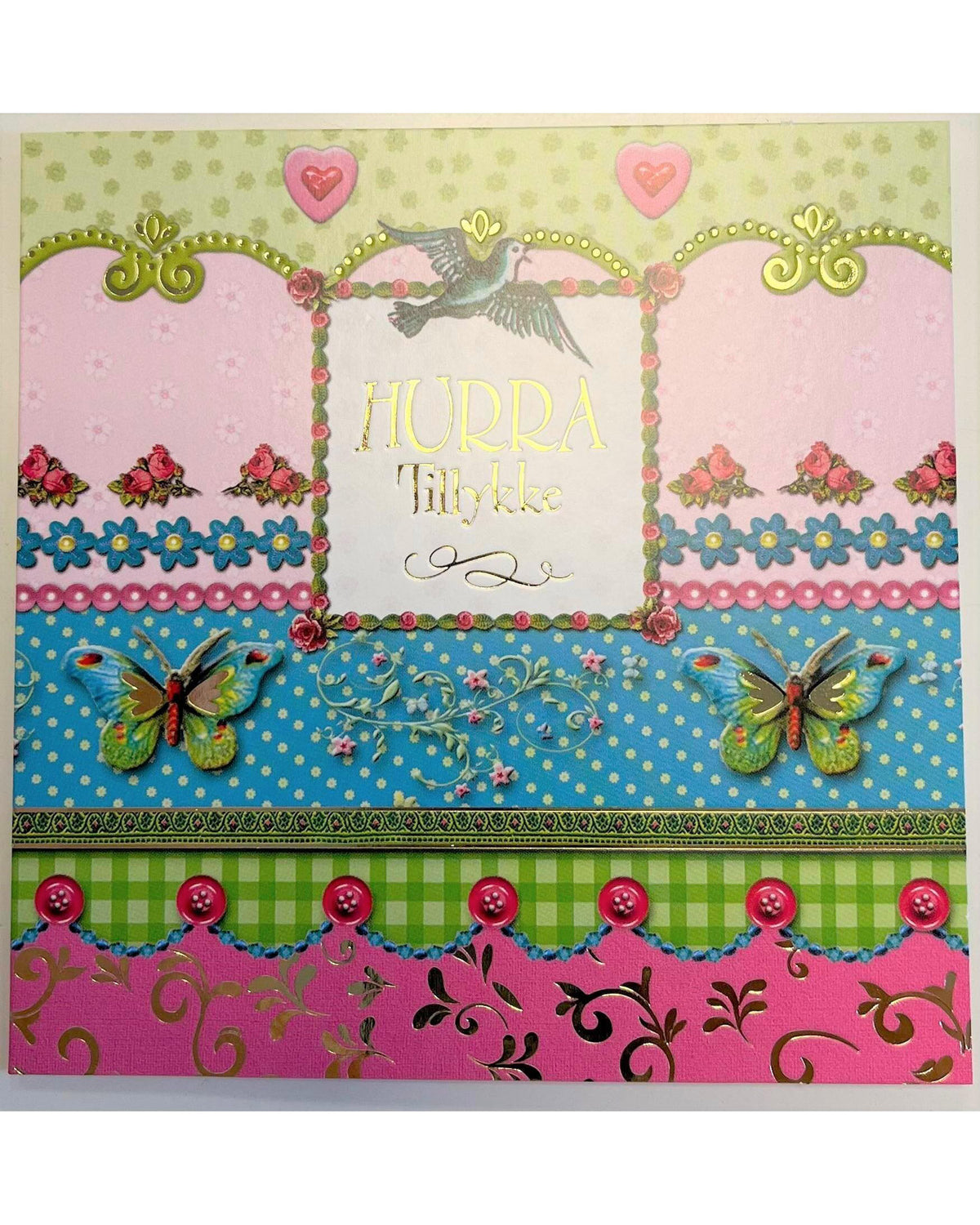 Kort dobbelt med kuvert 12x12cm - Hurra Tillykke - fra Hallmark